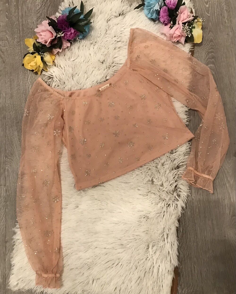 Altard State Ladie’s Crop Top with Mesh Shimmer Gold Natural Salmon Color Size M